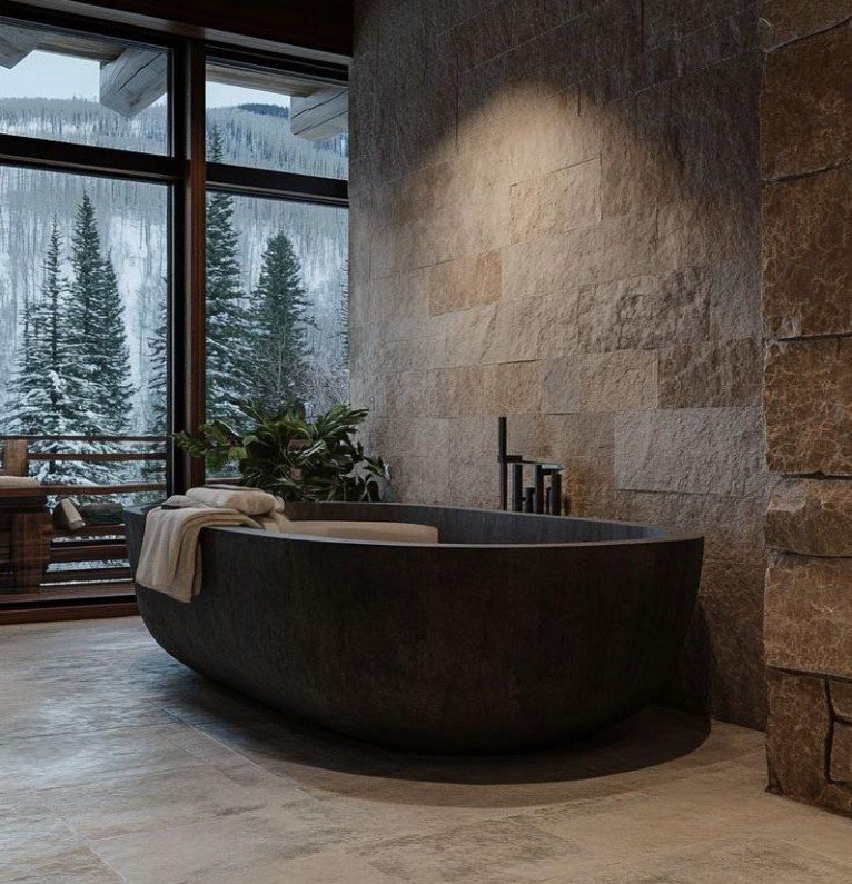 Dark Stone Bathtub displays rich texture, earthy tones, adds cozy charm to mountain bathrooms with its durable stone build and elegant layout.