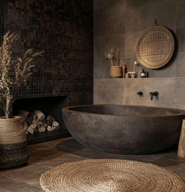 Round Stone Bathtub boasts circular shape, natural stone, adds rustic charm to country bathrooms with its handcrafted look and cozy feel.