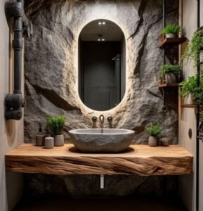 Natural Stone Basin with Wood Countertop features rugged texture, natural look, adds rustic charm to bathrooms with its authentic stone build and wood integration.