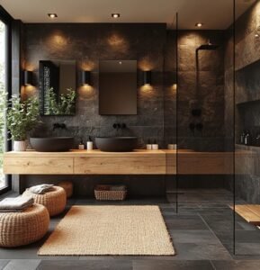 Dual Stone Basins with Wood Countertop display natural design, dual setup, creates inviting ambiance in natural bathrooms with its stone and wood fusion.