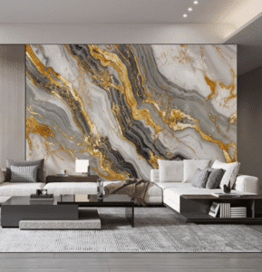 Grey Gold Stone Wall Panels feature marble-like texture, modern sleek, crafted for luxury appeal, add opulent charm to contemporary living spaces.