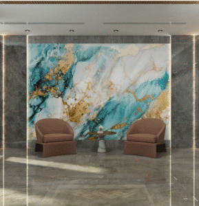 Blue White Stone Wall Panels feature vibrant marble texture, high-end stylish, crafted for luxury appeal, add refined charm to upscale lobby spaces.