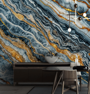 Deep Blue Gold Stone Wall Panels feature dramatic marble texture, modern bold, crafted for artistic design, add edgy charm to contemporary dining spaces.