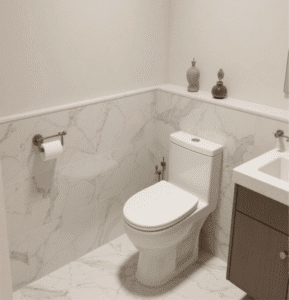 Marble Elongated Toilet features premium design, marble finish, creates opulent ambiance in luxury bathroom spaces with its elegant details and high-end texture.