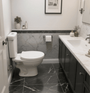 Dual-tone Marble Elongated Toilet displays dynamic design, marble texture, adds refined charm to sophisticated bathroom interiors with its bold look and unique style.