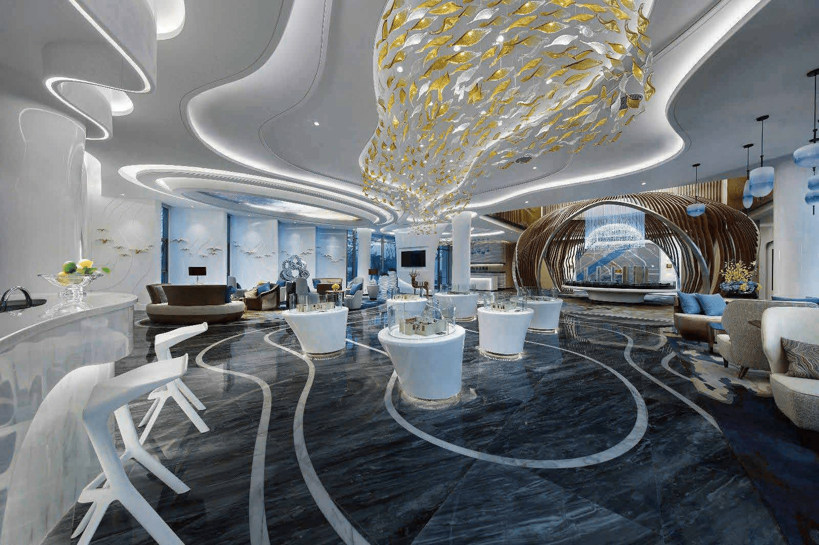 Elegant chandelier lighting up a stylish living room, representing various chandelier styles, materials, and designs.