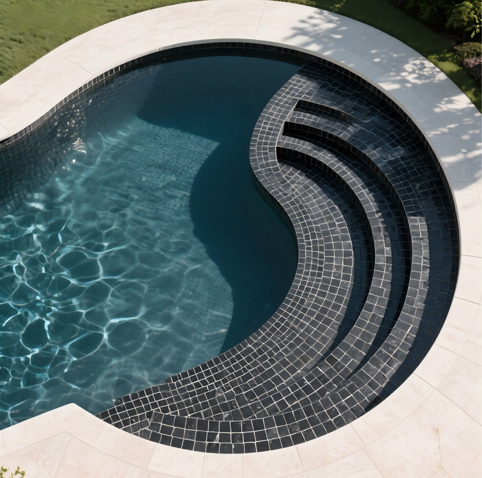 Black stone look porcelain mosaic tile installed in a modern outdoor pool with white coping.