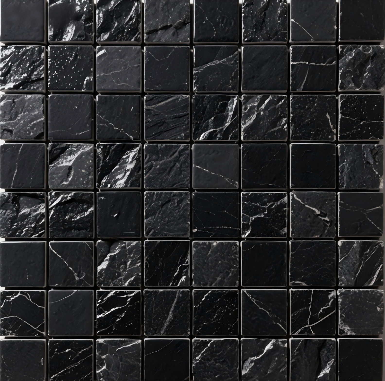 Black faux stone porcelain mosaic sheet showing realistic matte finish and natural variation.