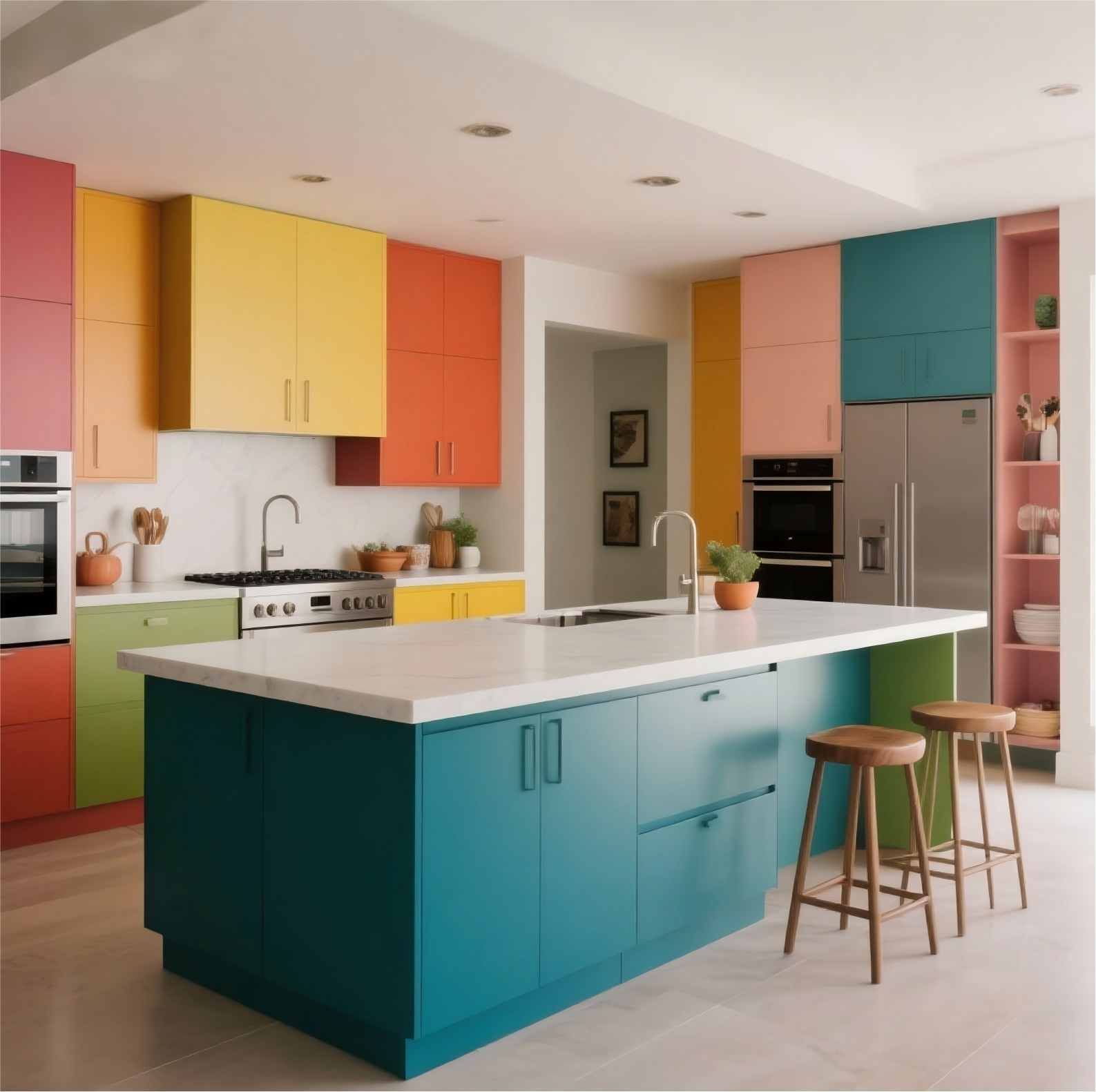 Family working together to paint kitchen cabinets, making the renovation a meaningful and cost-effective DIY project.