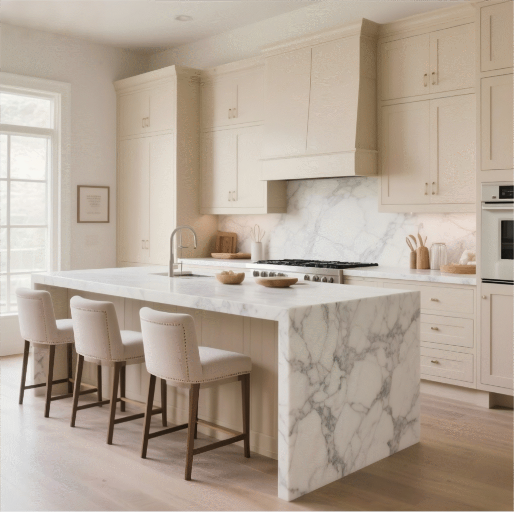 Modern kitchen with freshly painted white cabinets, illustrating the transformational value when considering how much to paint kitchen cabinets.