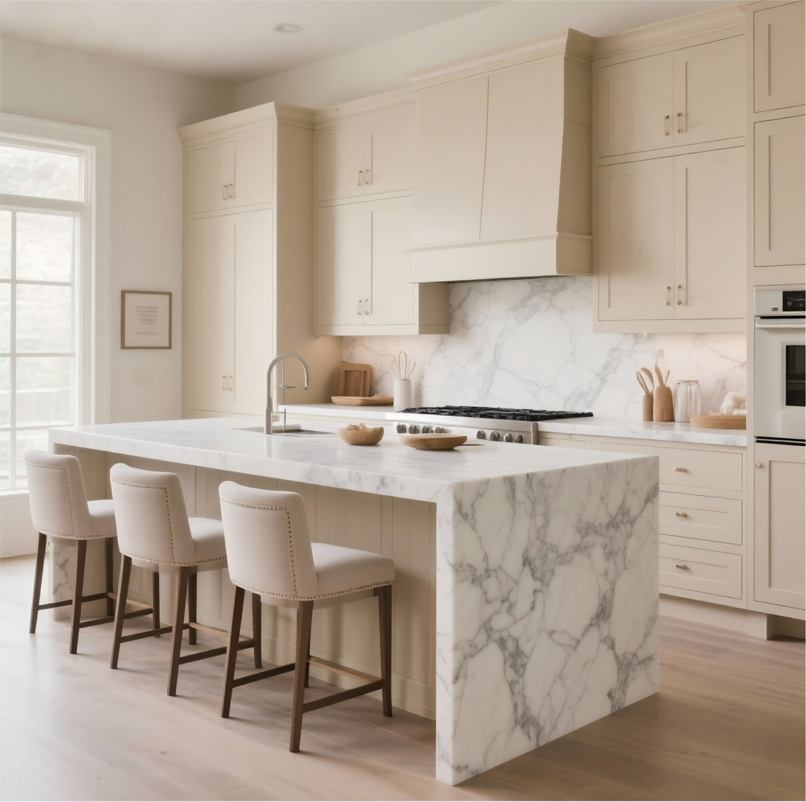 Modern kitchen with freshly painted white cabinets, illustrating the transformational value when considering how much to paint kitchen cabinets.