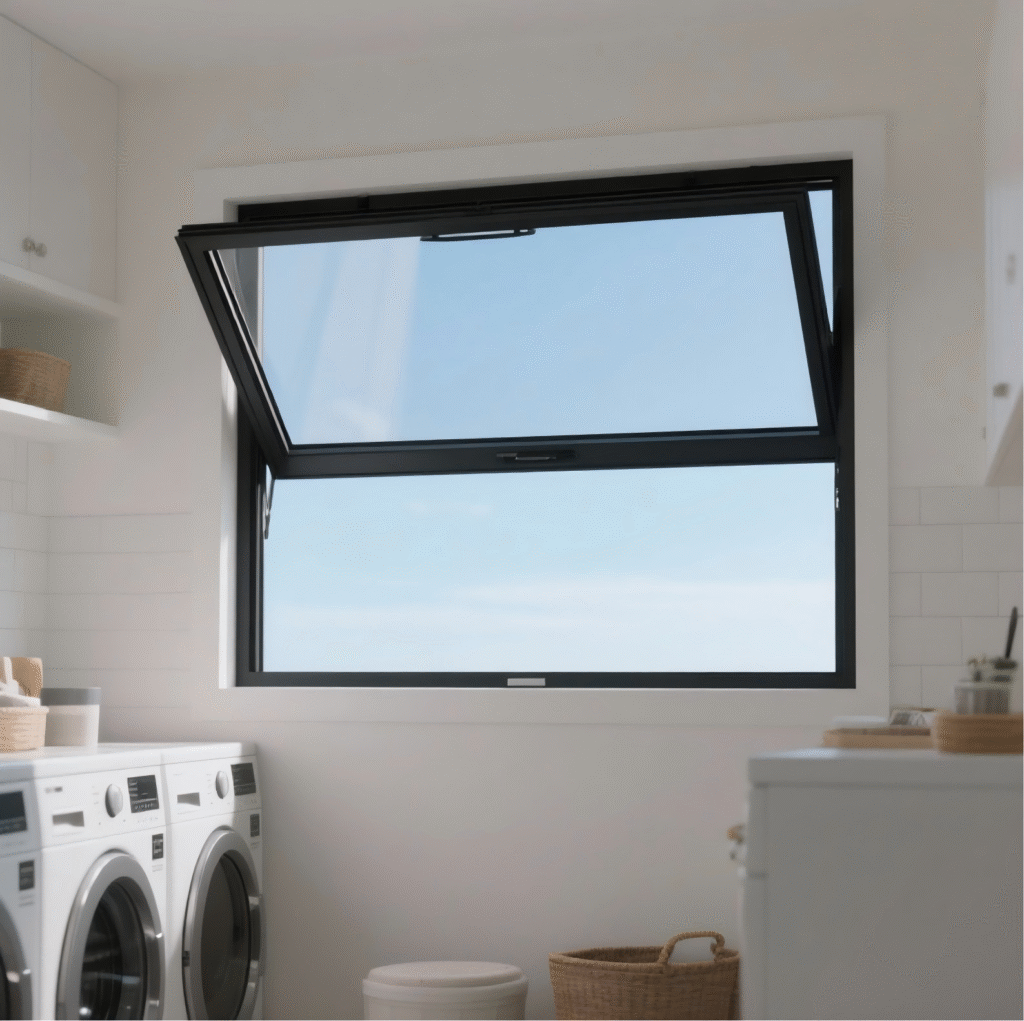 Modern aluminum hopper window with slim profile in a contemporary residential building.