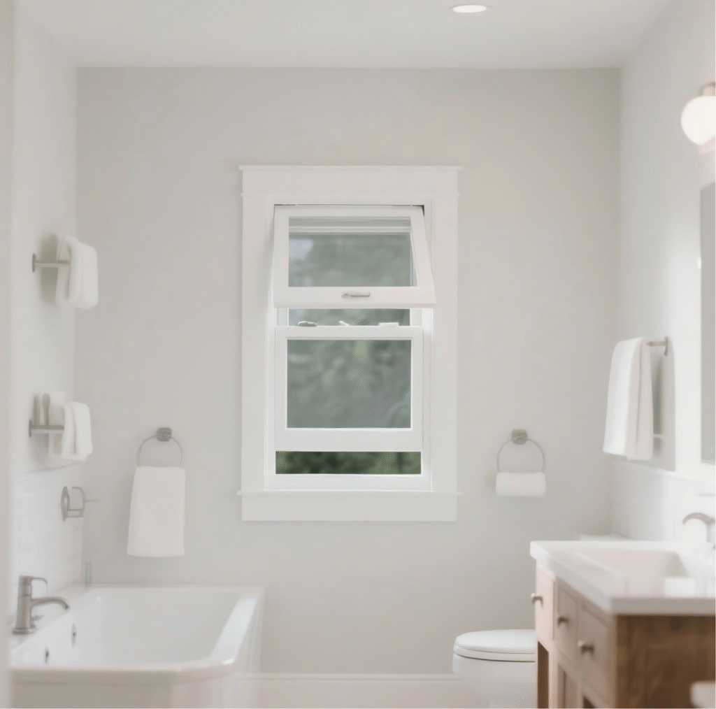 White vinyl hopper window installed in a damp basement laundry room for moisture resistance.
