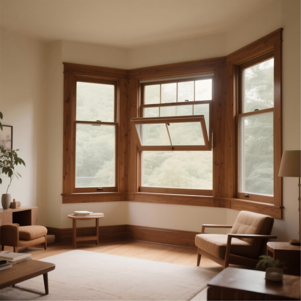 Elegant wood hopper window with natural grain finish in a home office.