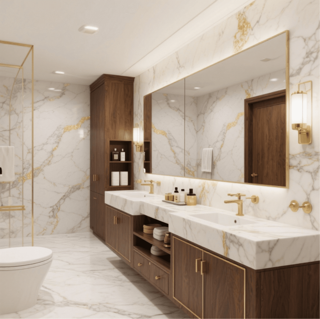 Luxurious master bathroom featuring a Calacatta Gold Quartz double vanity countertop with bold gold veining, paired with walnut cabinets and gold fixtures.