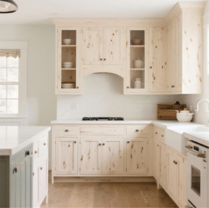 Bright kitchen with natural maple shaker cabinets finished with a clear coat, highlighting the subtle grain and creamy white wood tones.