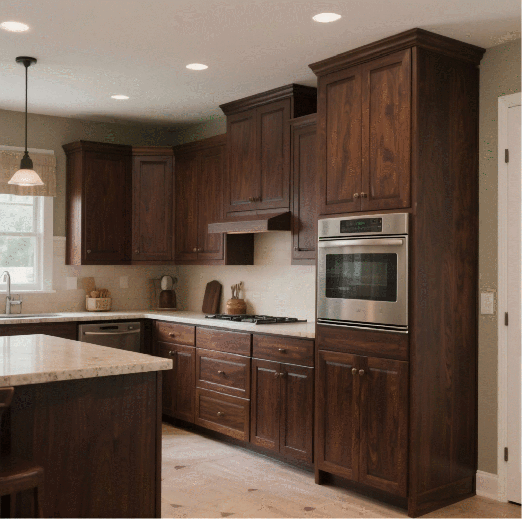 Elegant kitchen with dark stained maple cabinets resembling walnut, demonstrating the wood's versatility in accepting darker toner finishes.