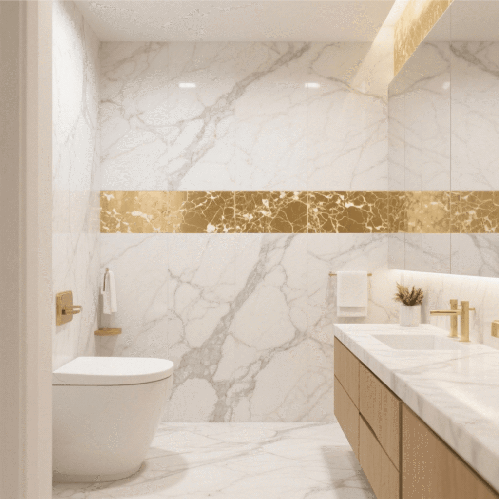 Contemporary bathroom with full-height Calacatta Gold Quartz wall cladding and a decorative gold accent strip, creating a seamless and waterproof shower surround.