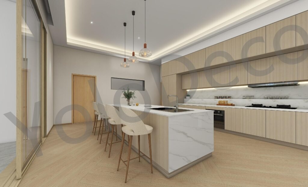 Modern kitchen island design with white marble waterfall edge and bar stools for casual dining.