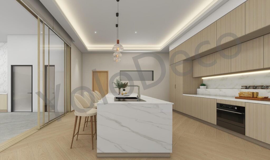 Functional laundry room design with white built-in cabinets, open shelving for baskets, and stacked washer-dryer unit.