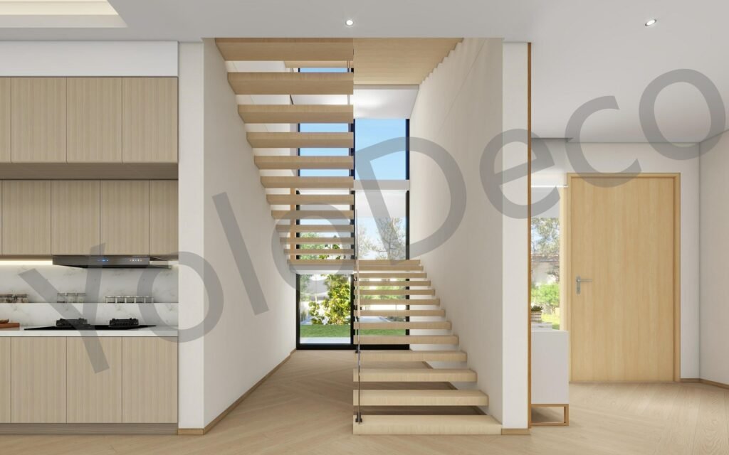 Modern floating wooden staircase with frameless glass balustrade and vertical timber feature wall connecting villa floors.