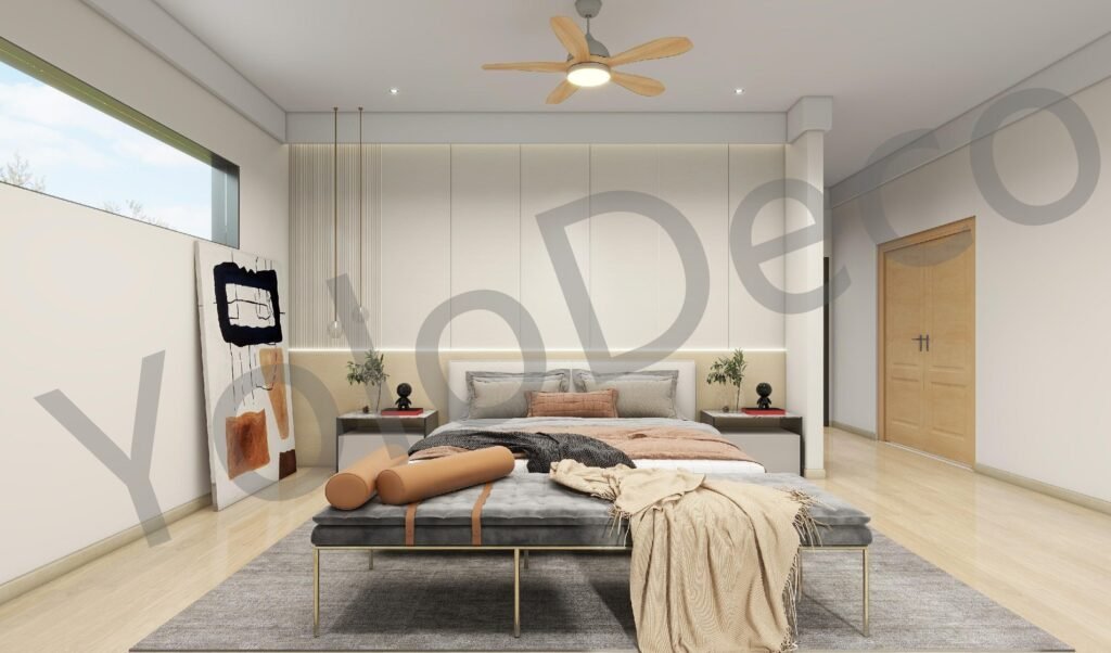 Luxury master bedroom interior design in Grindana featuring beige bedding, light wood flooring, and large windows.