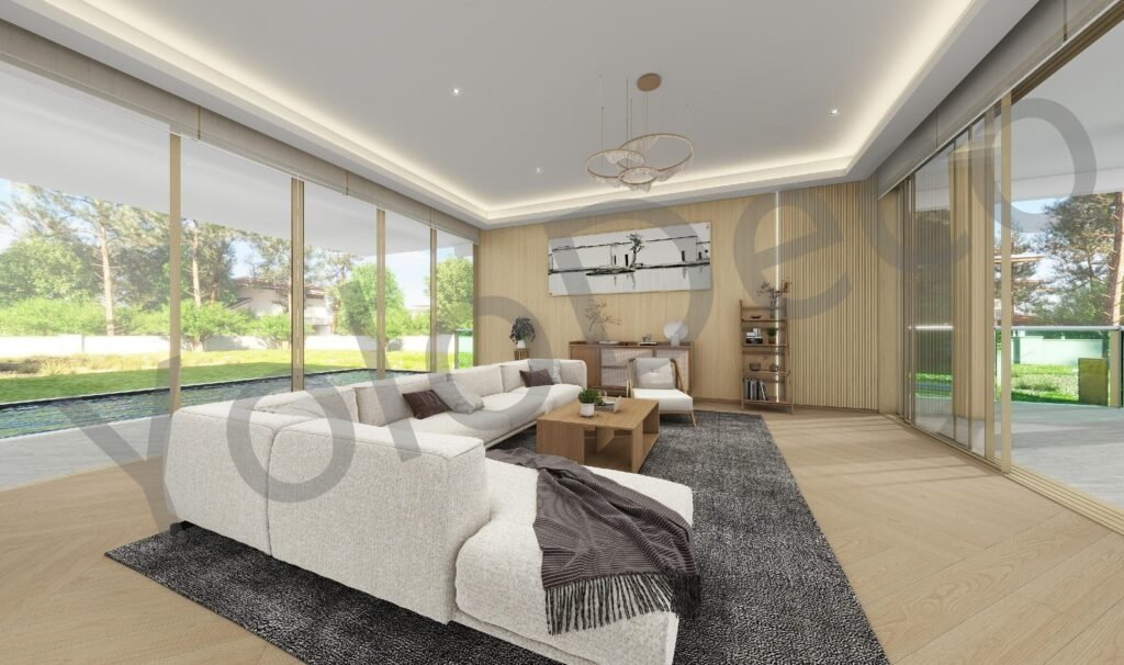 Modern minimalist living room in Grindana villa featuring a cream L-shaped sofa, light wood wall paneling, and floor-to-ceiling sliding doors. Side view