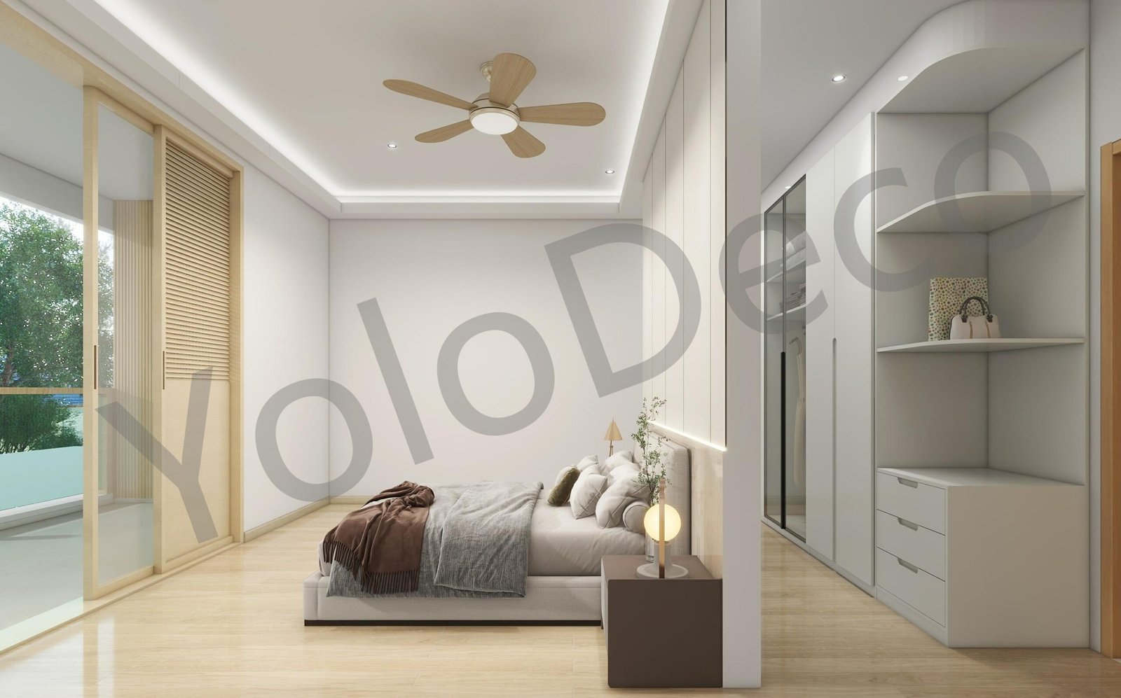 Modern guest bedroom design with built-in white wardrobes, ceiling fan, and warm wood flooring.