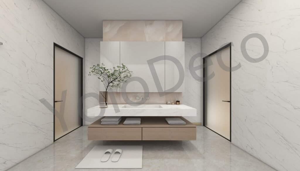 Master bathroom vanity with backlit mirror and blue scalloped feature tiles against white marble walls.