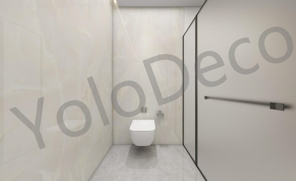 Master bathroom vanity with backlit mirror and blue scalloped feature tiles against white marble walls.