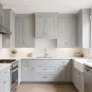 Light grey painted maple cabinets in a modern kitchen, showcasing the smooth, grain-free finish ideal for enamel paints.