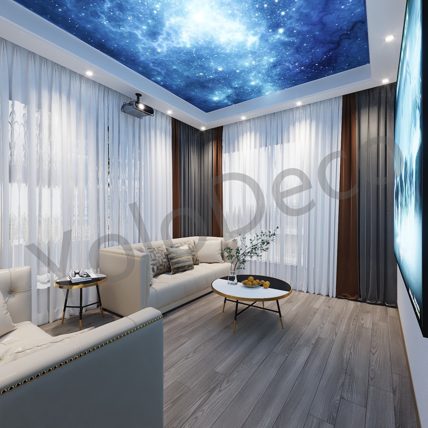 Home cinema room design with fiber-optic starry sky ceiling, projector, and comfortable cream leather seating.
