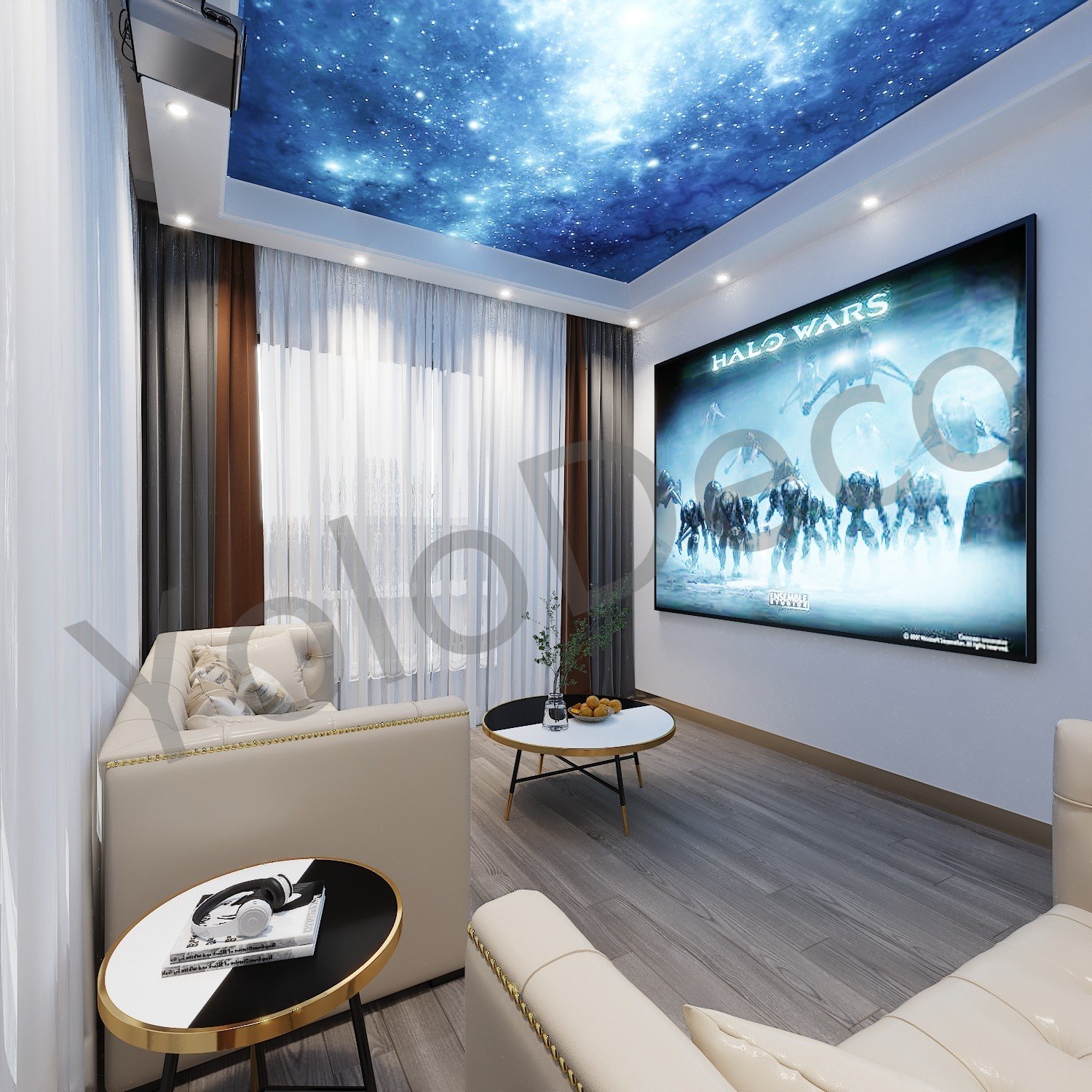 Immersive home theater setup with large projection screen, starry ceiling effect, and modern coffee table.