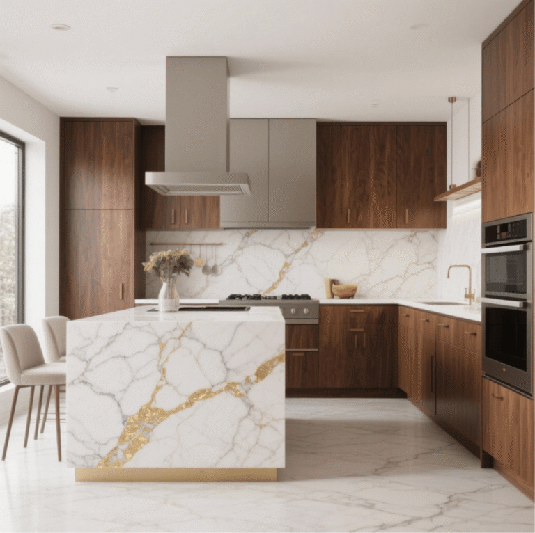 Modern kitchen design featuring Calacatta Gold Quartz countertops and a matching full-height backsplash, paired with dark wood cabinetry and brass hardware.