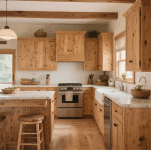Farmhouse kitchen with rustic maple cabinets featuring visible knots and mineral streaks for an authentic, textured look.