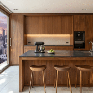 Modern stained maple cabinets with flat-panel slab doors in a rich walnut finish, paired with a black stone island for a luxury look.