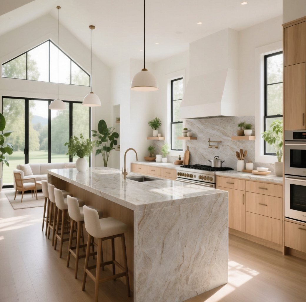 Sunlit modern kitchen featuring Taj Mahal Quartzite countertops and waterfall island, paired with light wood cabinetry, open shelving, and minimalist pendant lighting for a warm contemporary aesthetic.