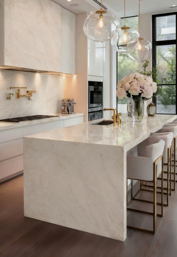 Modern luxury kitchen featuring a massive Taj Mahal Quartzite waterfall island, paired with brushed gold pendant lights and floor-to-ceiling windows.