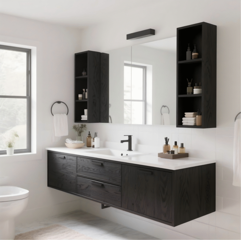 Modern wall-mounted bathroom vanity installed at a custom ergonomic height for comfort.