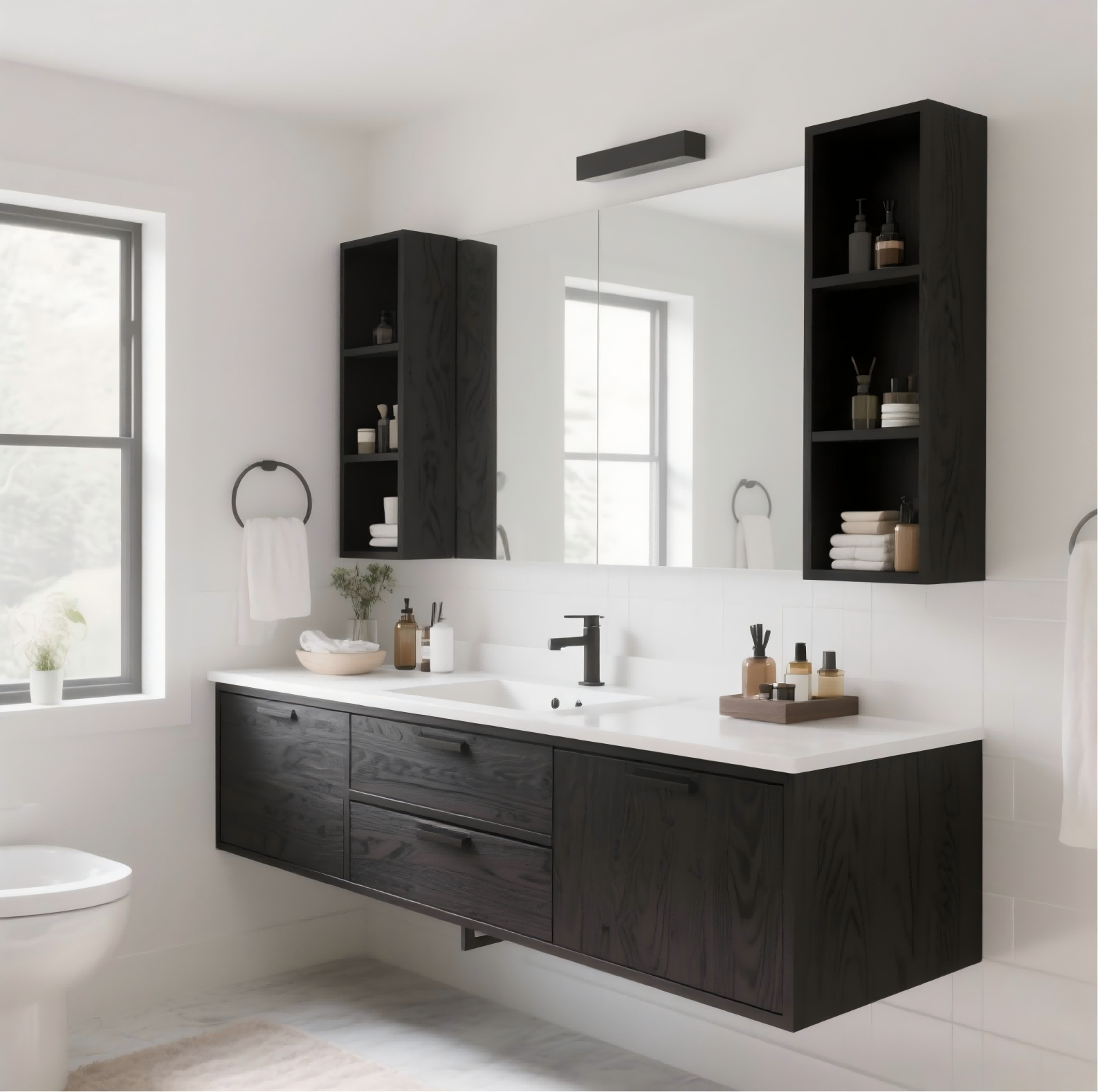 Modern wall-mounted bathroom vanity installed at a custom ergonomic height for comfort.
