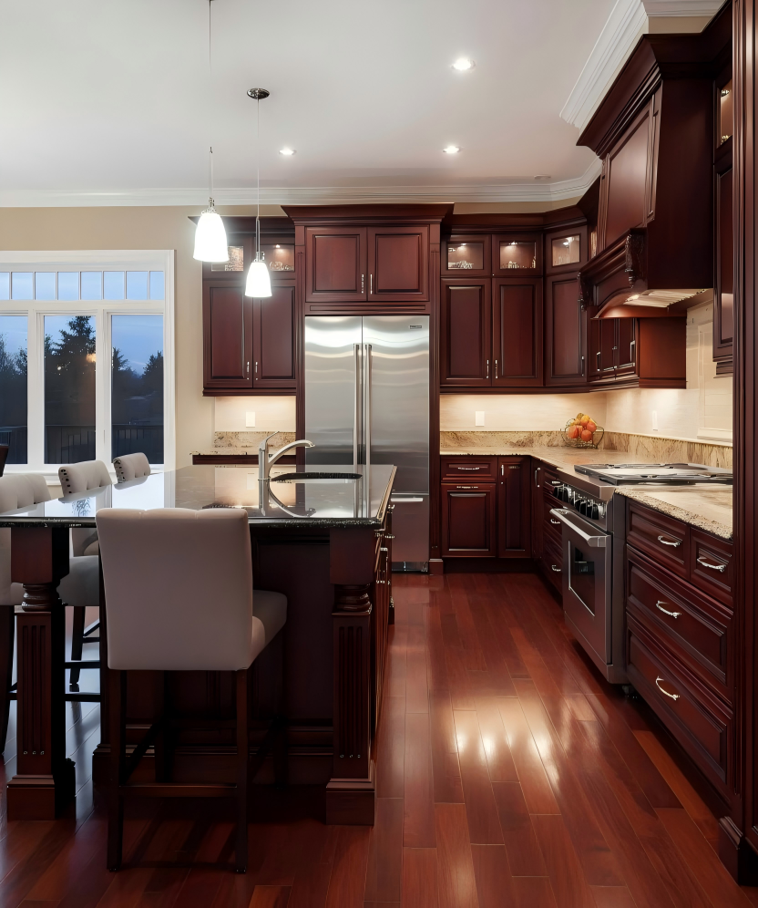 Dark cherry wood kitchen cabinets with island, stainless steel appliances, and warm lighting