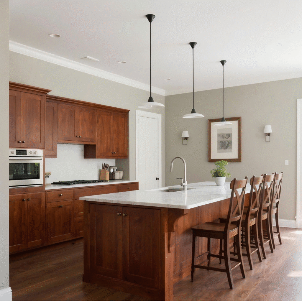 Transitional kitchen with cherry wood cabinets, light stone island, and neutral wall colors