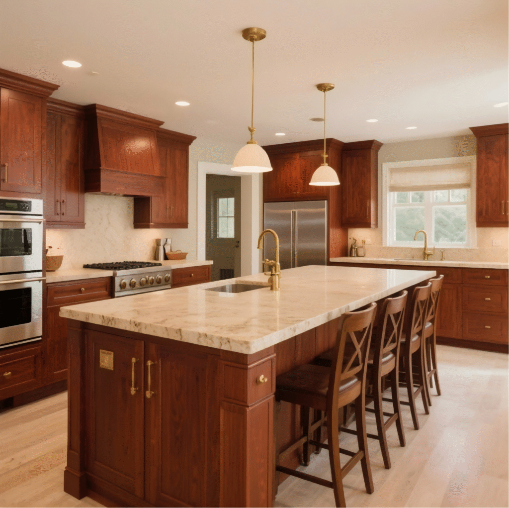 Contemporary kitchen featuring cherry wood cabinets, brass pendant lights, and light stone island