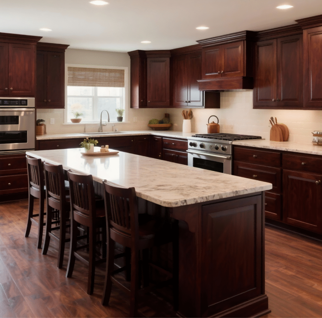 Classic kitchen design with cherry wood cabinets, central island, and light countertops