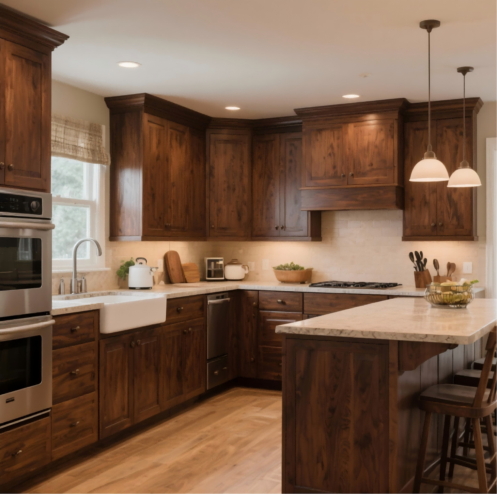 Traditional kitchen with warm brown stained hickory cabinets and island seating.