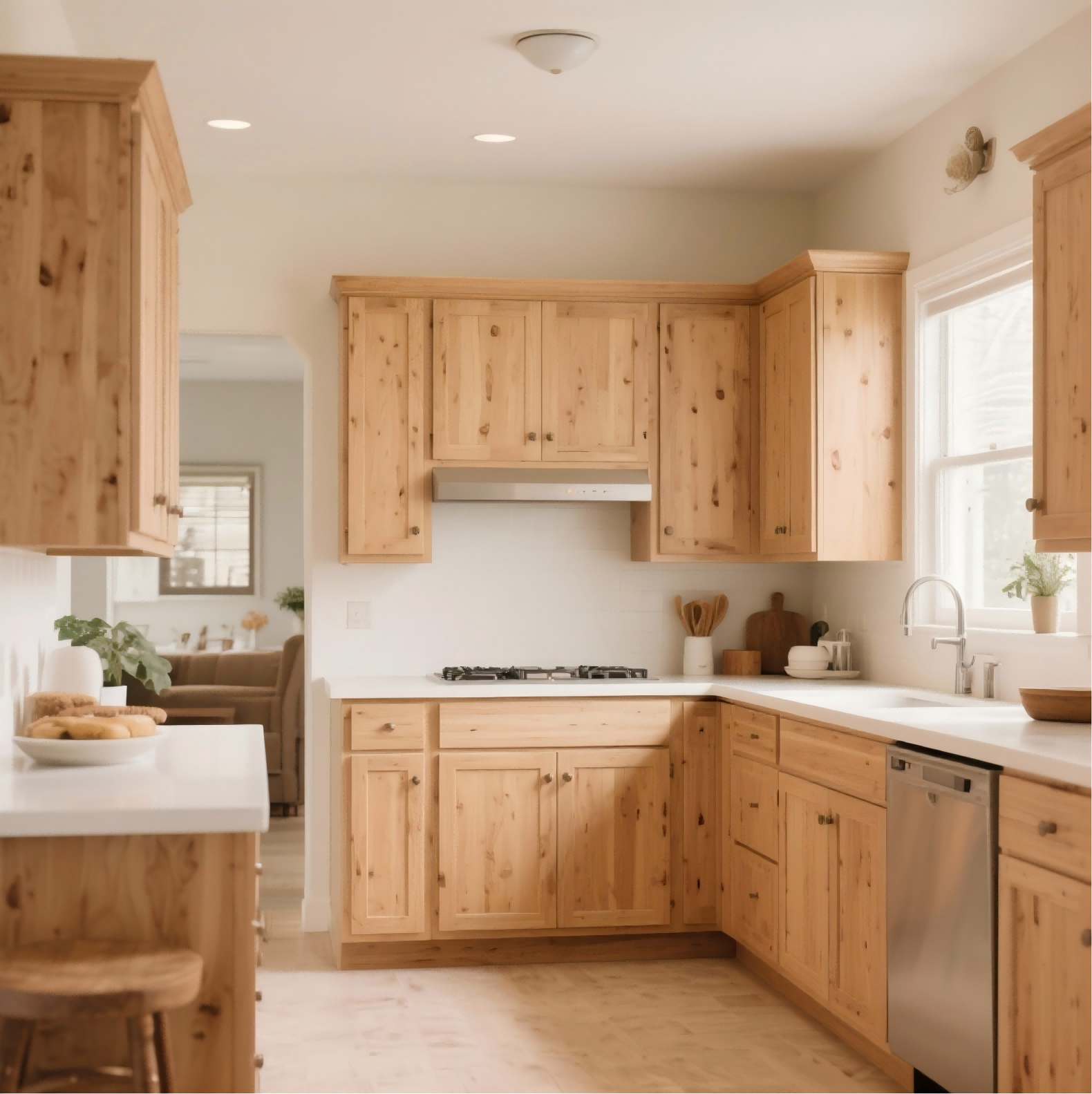 Modern organic kitchen with natural knotty hickory cabinets and white countertops.