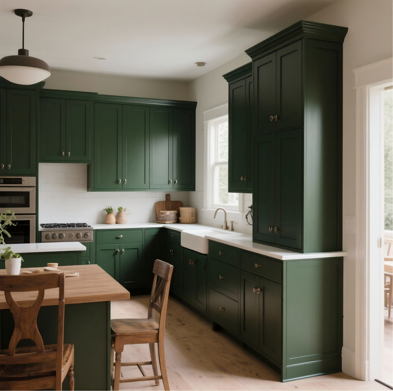 Trendy deep green painted kitchen cabinets paired with natural wood dining furniture.