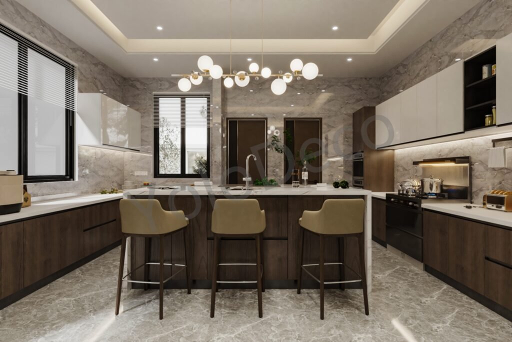 Modern luxury kitchen with large central island, bar stools, marble backsplash, and two-tone custom cabinetry by YoloDeco.