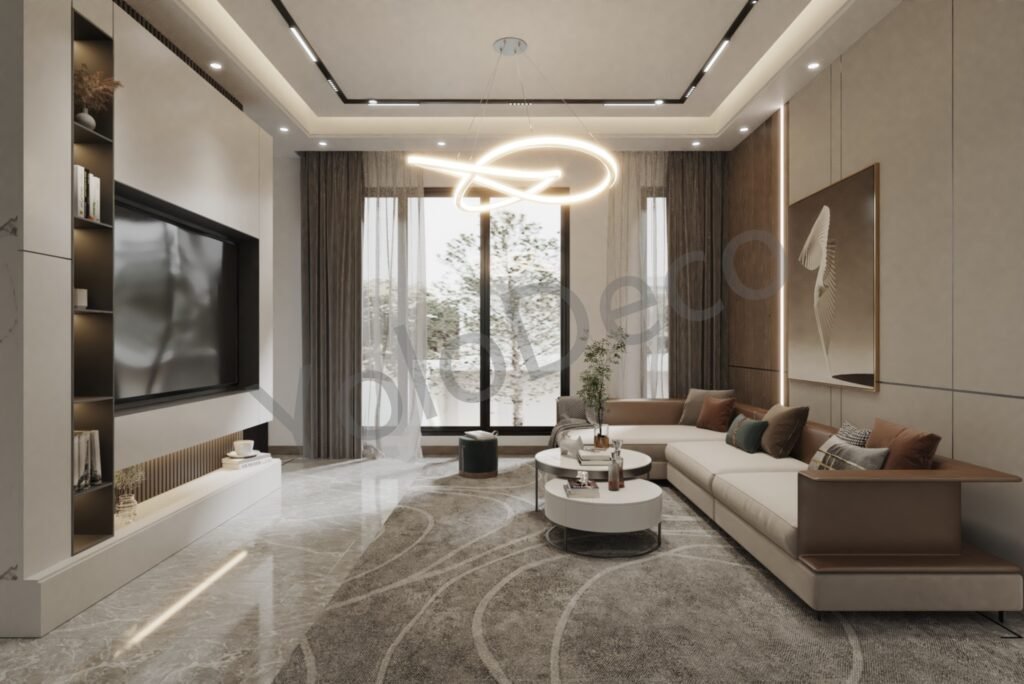 Living area detail showing fluted glass door, wall-mounted TV, and white leather sofa on polished marble floor.