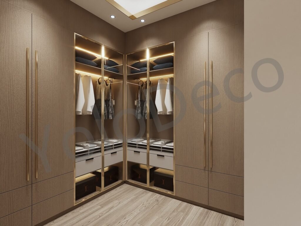 Bright bedroom design with custom white floor-to-ceiling wardrobes, dark wood door, and minimalist decor.